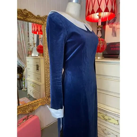 vintage 1980s blue velveteen gown reverse collar french cuffs 80s fashion velvet - Picture 4 of 10